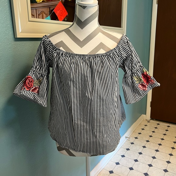 Ambiance Tops - Ambiance Black and White striped with Rose patch detail off the shoulder top